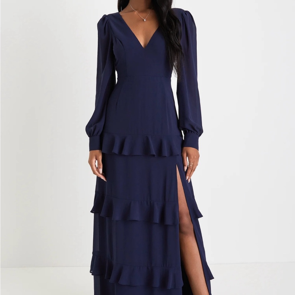 Navy Blue Tiered Ruffled Gown